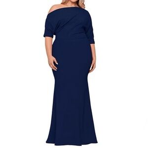 New Betsy & Adam Madeline Long Scuba Crepe Off the Shoulder Drop Dress Size 14W